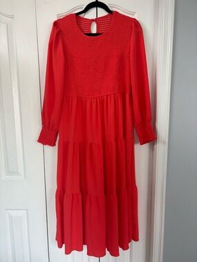 Red Tiered Midi Dress with Smocked Bodice